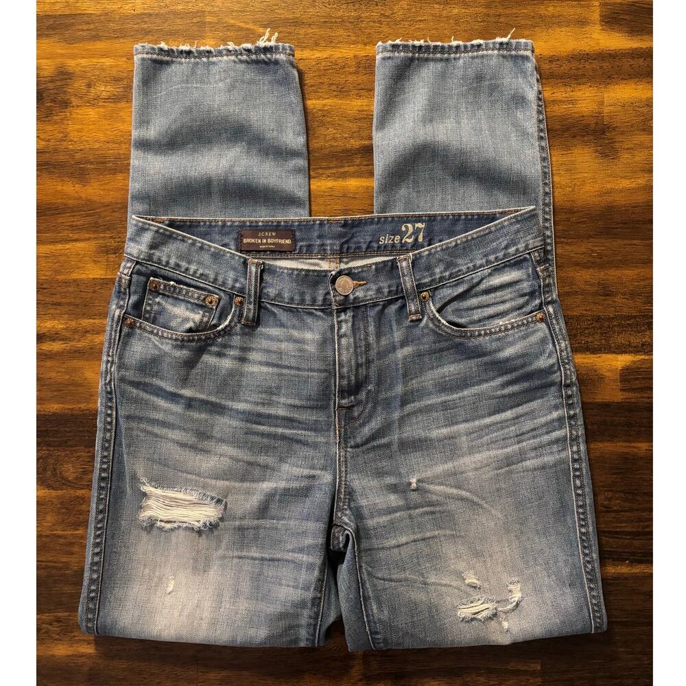 J Crew Women’s 27 Jeans Broken In Boyfriend Relaxed Denim Mid Rise Distressed
